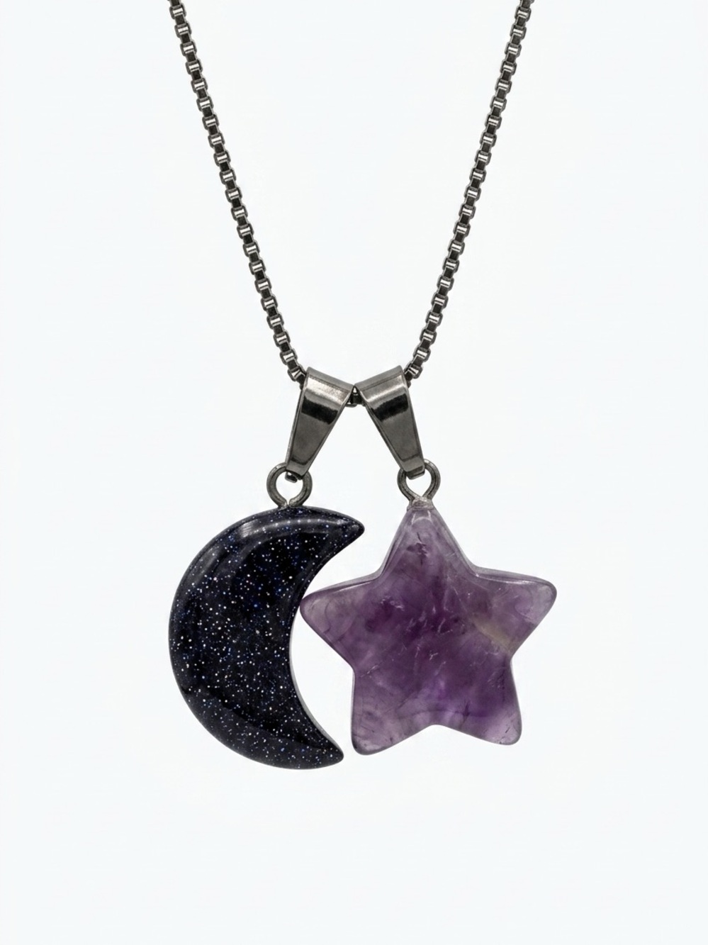 Boho hippie Blue Goldstone Moon 🌙 and Amethyst Star Sterling Silver Neckl…